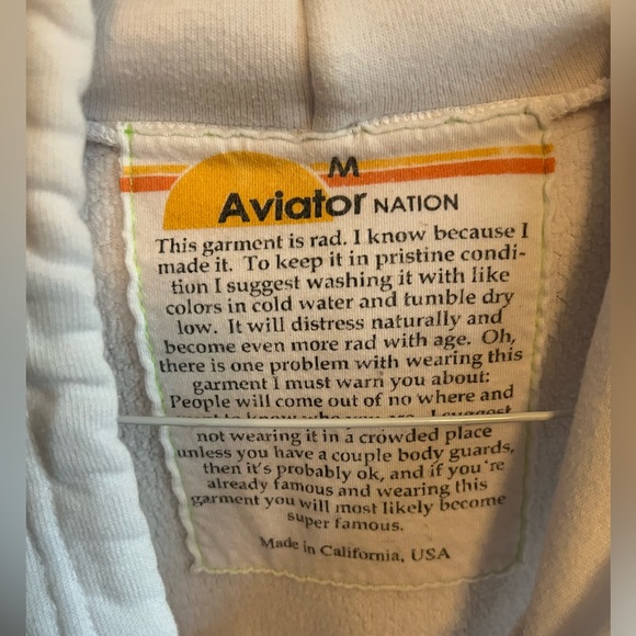 Aviator Nation White Relaxed Hoodie with black lightening bolt patch, Medium - Picture 8 of 8